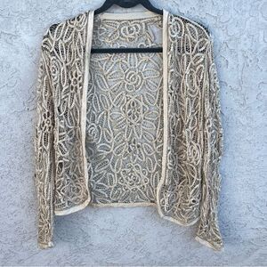 Cream Crochet Cardigan SZ L Open Front Gold Beaded Boho Garden Fairy Cottagecore